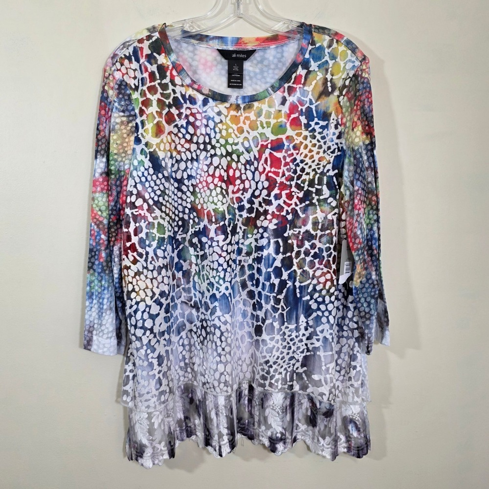 Ali Miles‎ NWT Women Tunic Multi Color Abstract Mesh Lace Hem Top Size Large